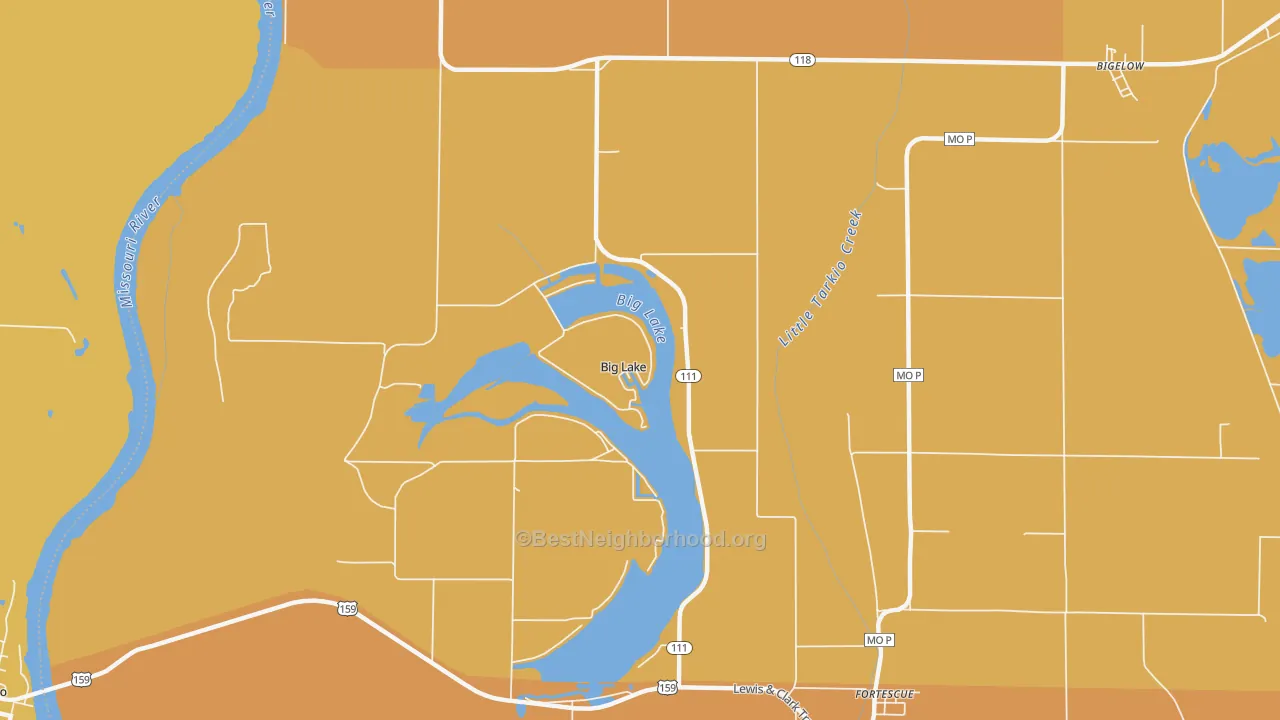 Map of the best neighborhoods in the Big Lake area, with better matches in green and worse matches in red