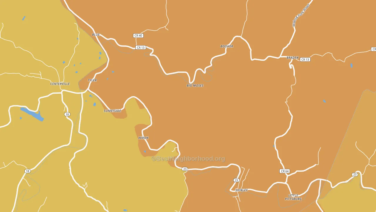 Map of the best neighborhoods in the Big Moses area, with better matches in green and worse matches in red