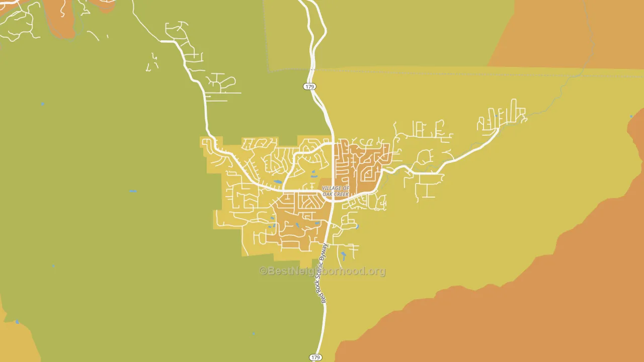 Map of the best neighborhoods in the Big Park area, with better matches in green and worse matches in red