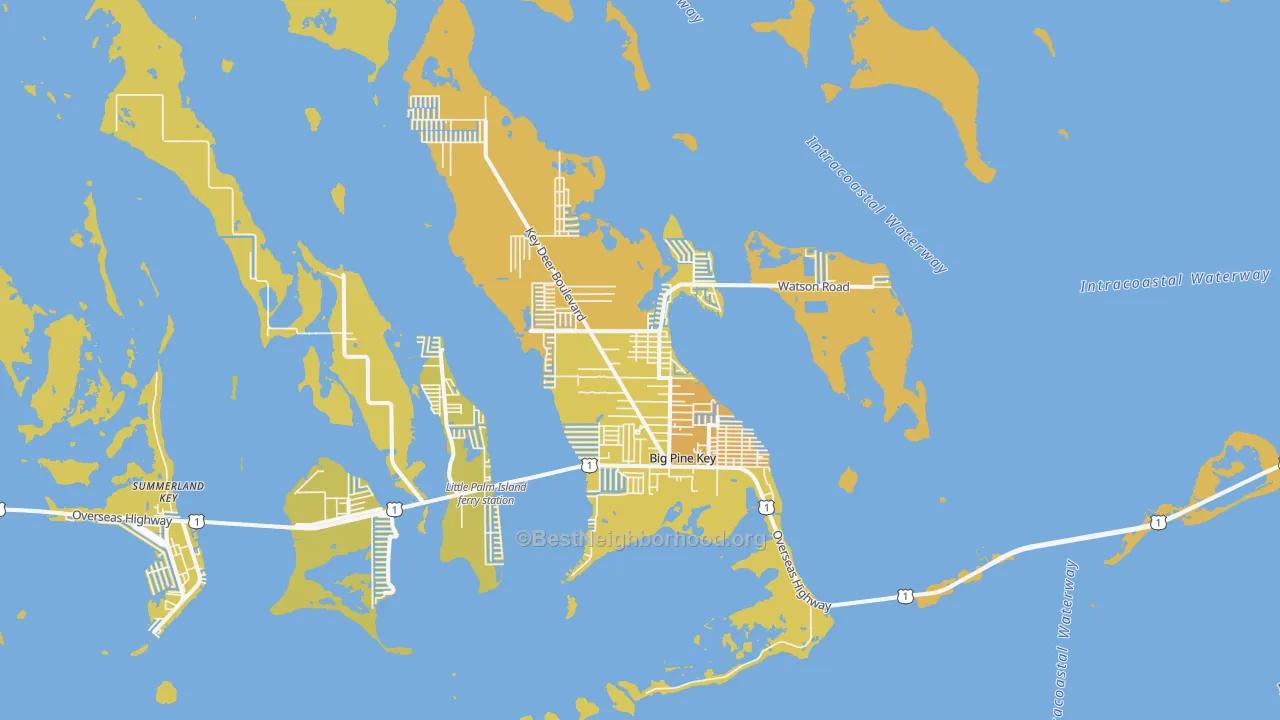 Map of the best neighborhoods in the Big Pine Key area, with better matches in green and worse matches in red