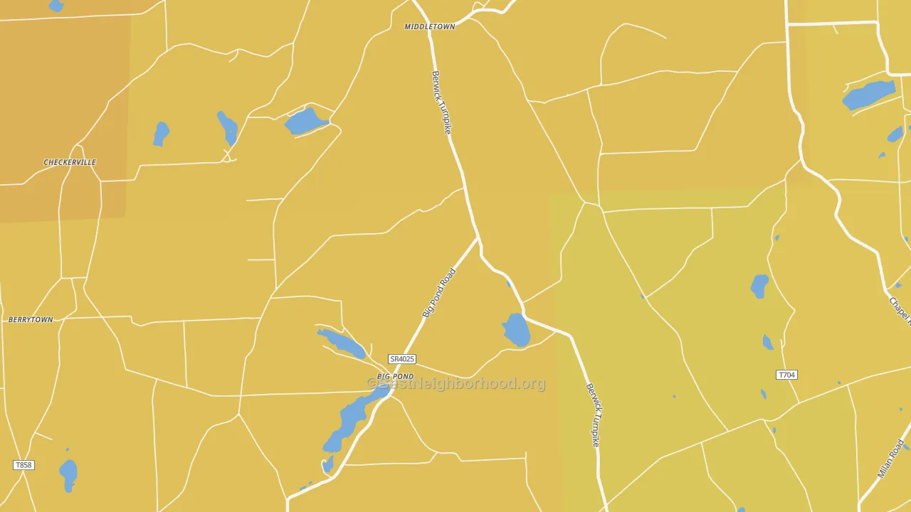 Map of the best neighborhoods in the Big Pond area, with better matches in green and worse matches in red