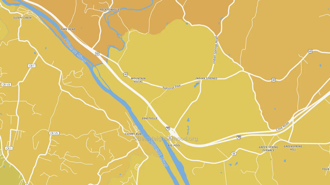 Map of the best neighborhoods in the Big Pool area, with better matches in green and worse matches in red