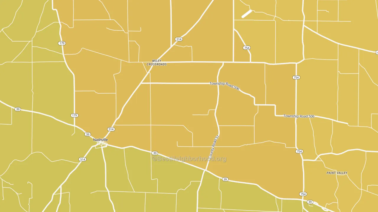 Map of the best neighborhoods in the Big Prairie area, with better matches in green and worse matches in red
