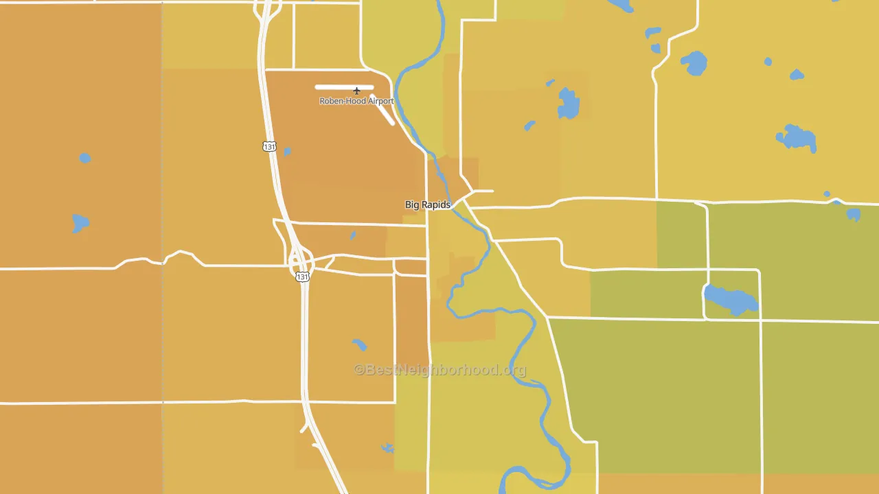 Map of the best neighborhoods in the Big Rapids area, with better matches in green and worse matches in red