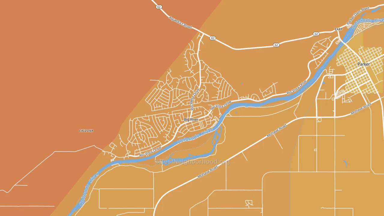 Map of the best neighborhoods in the Big River area, with better matches in green and worse matches in red