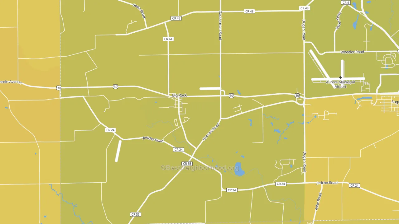 Map of the best neighborhoods in the Big Rock area, with better matches in green and worse matches in red