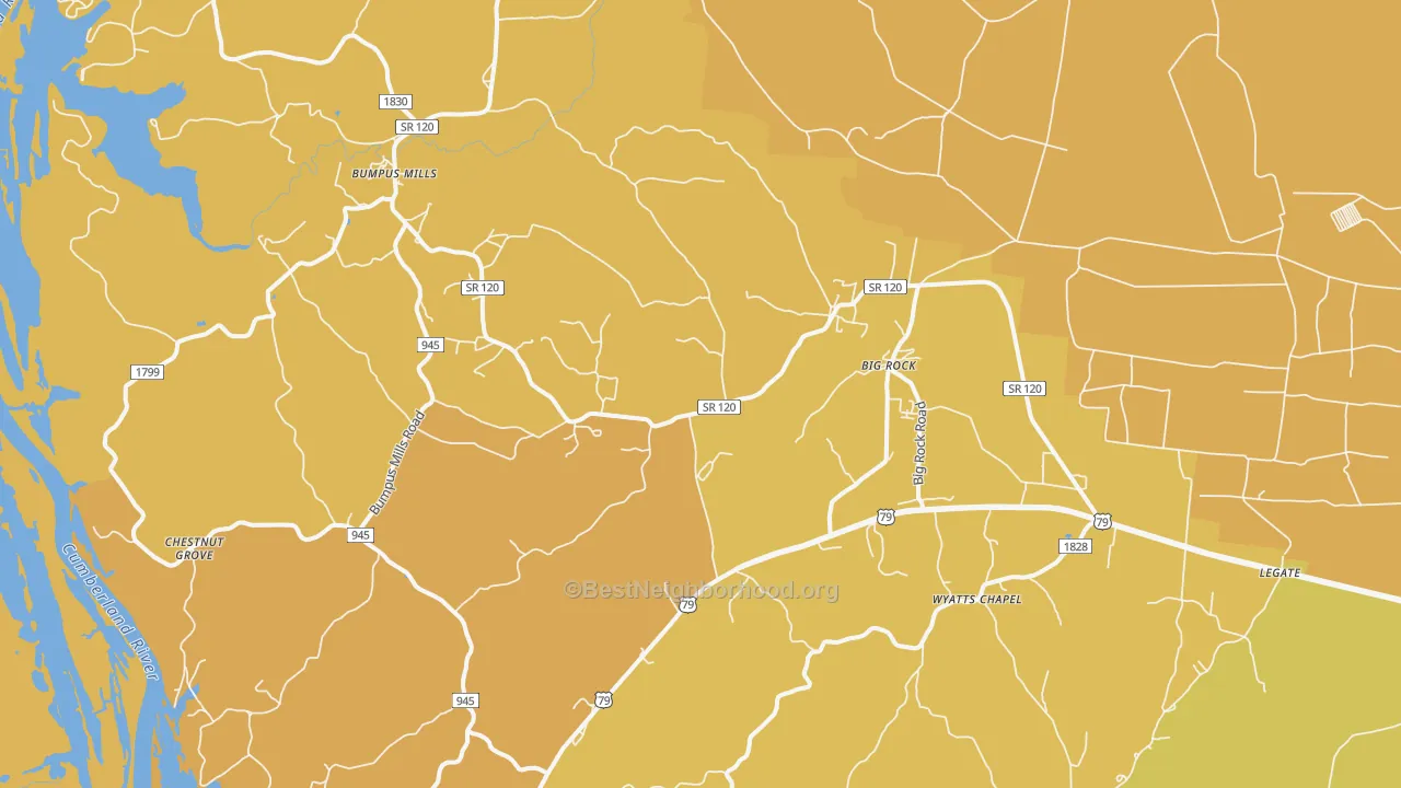 Map of the best neighborhoods in the Big Rock area, with better matches in green and worse matches in red