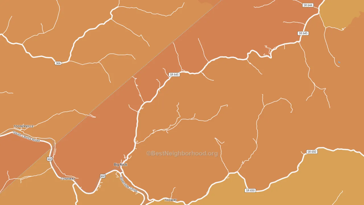 Map of the best neighborhoods in the Big Rock area, with better matches in green and worse matches in red