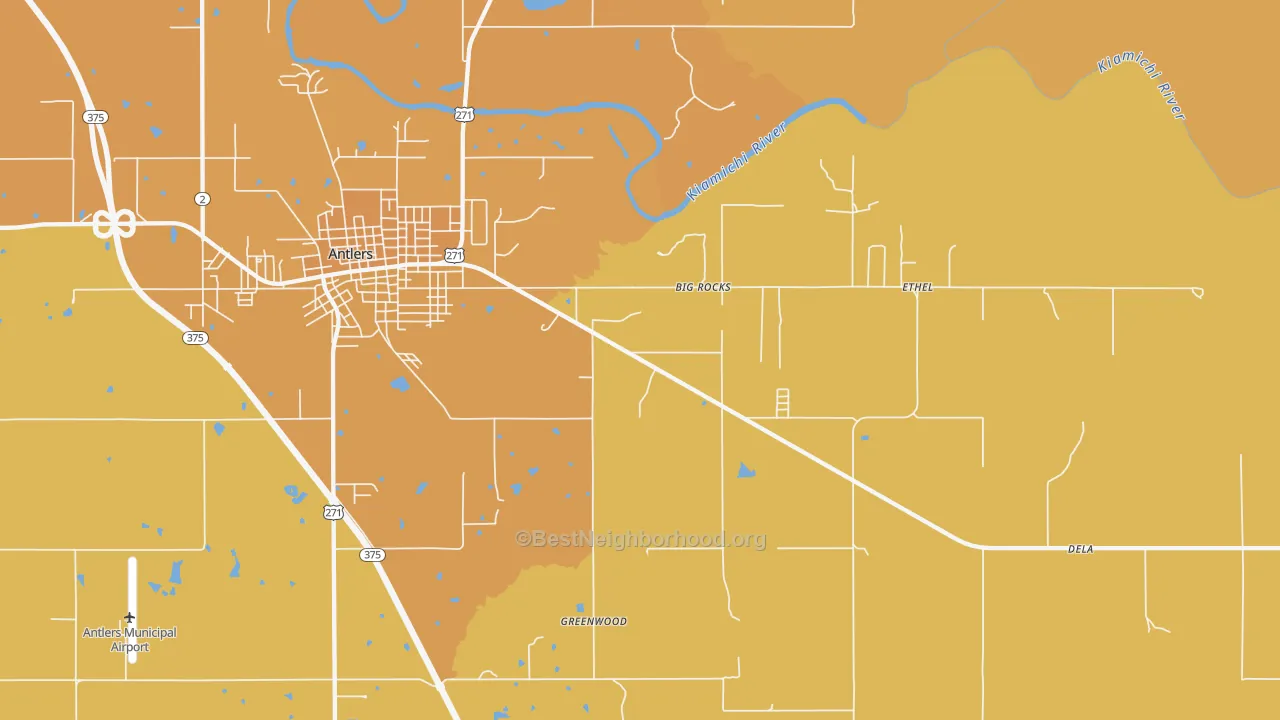 Map of the best neighborhoods in the Big Rocks area, with better matches in green and worse matches in red