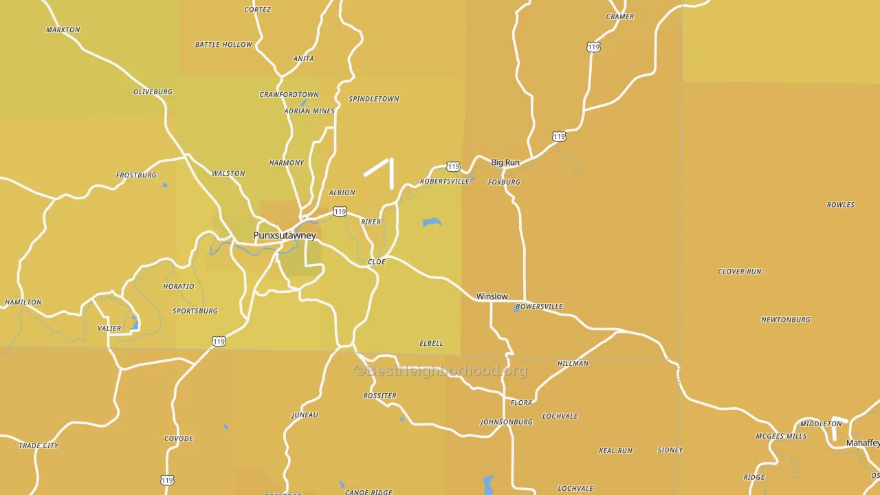 Map of the best neighborhoods in the Big Run area, with better matches in green and worse matches in red