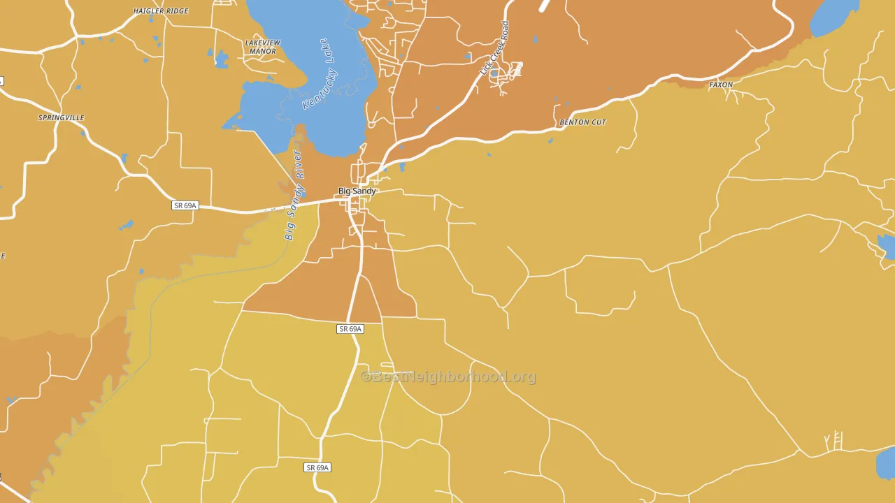 Map of the best neighborhoods in the Big Sandy area, with better matches in green and worse matches in red