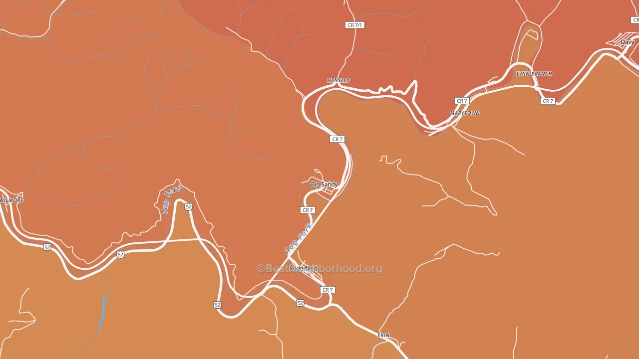Map of the best neighborhoods in the Big Sandy area, with better matches in green and worse matches in red