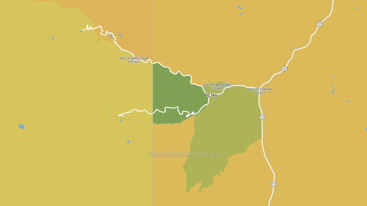 Map of the best neighborhoods in the Big Sky area, with better matches in green and worse matches in red