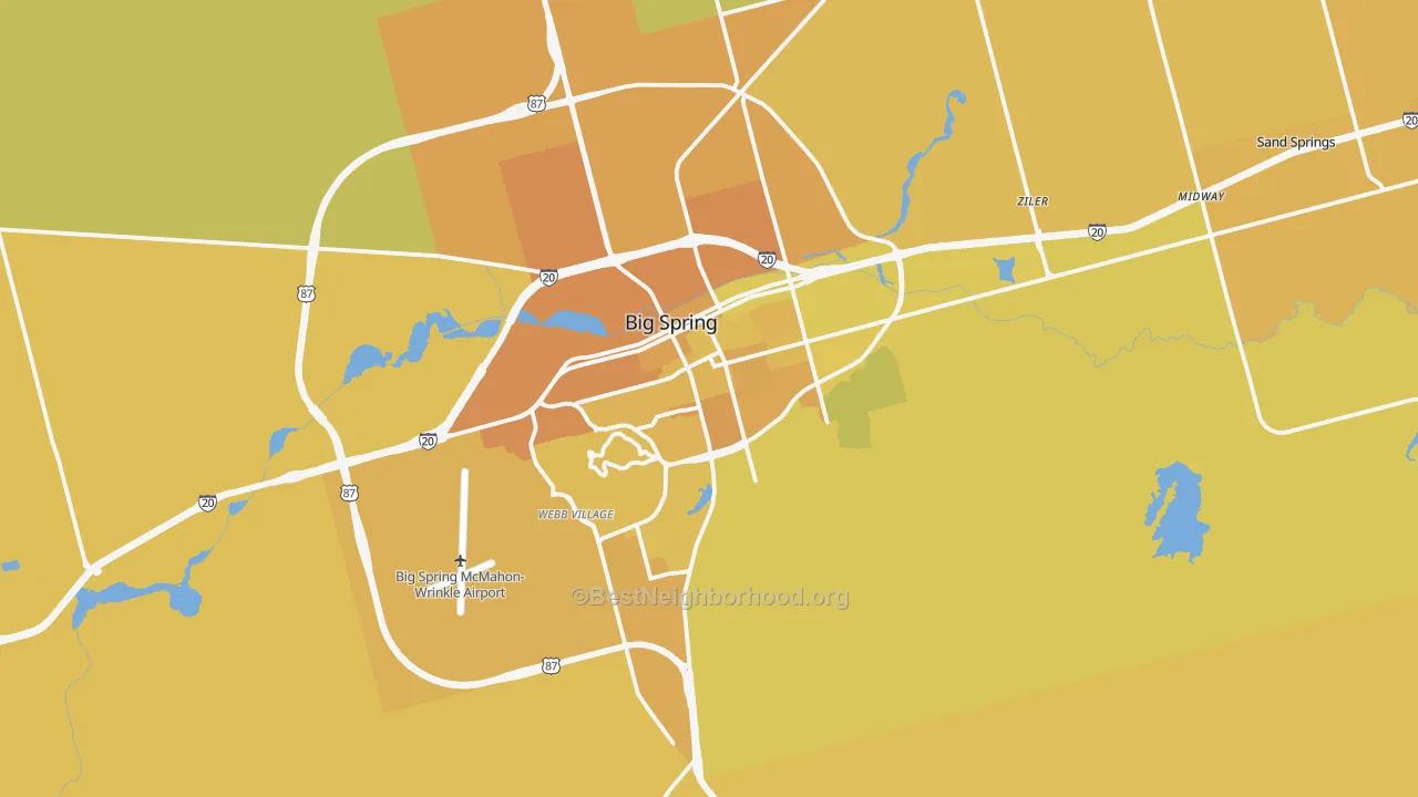 Map of the best neighborhoods in the Big Spring area, with better matches in green and worse matches in red