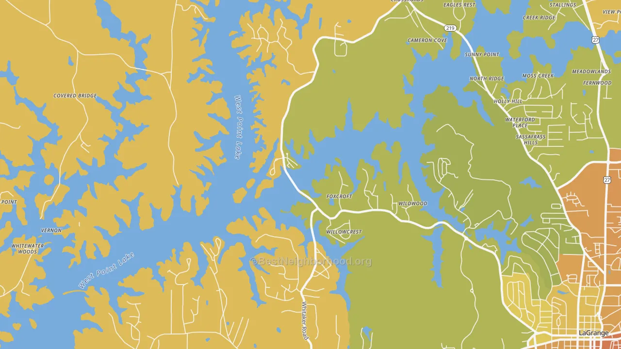 Map of the best neighborhoods in the Big Springs area, with better matches in green and worse matches in red