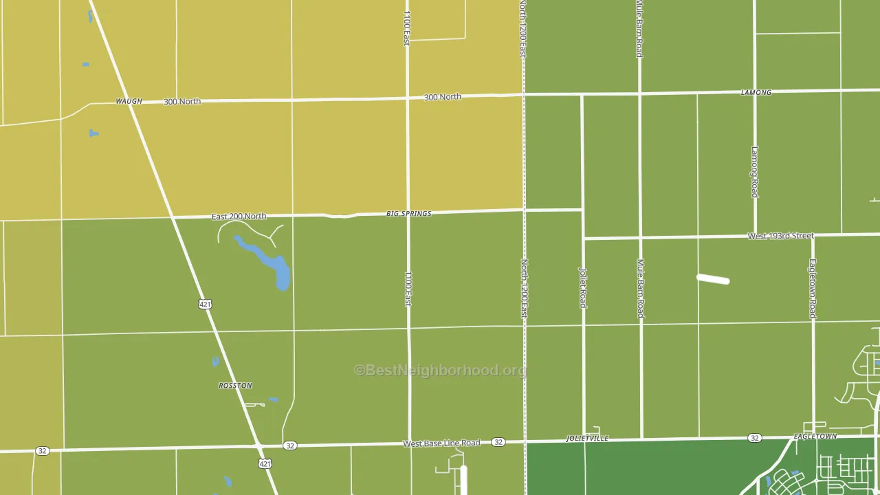 Map of the best neighborhoods in the Big Springs area, with better matches in green and worse matches in red