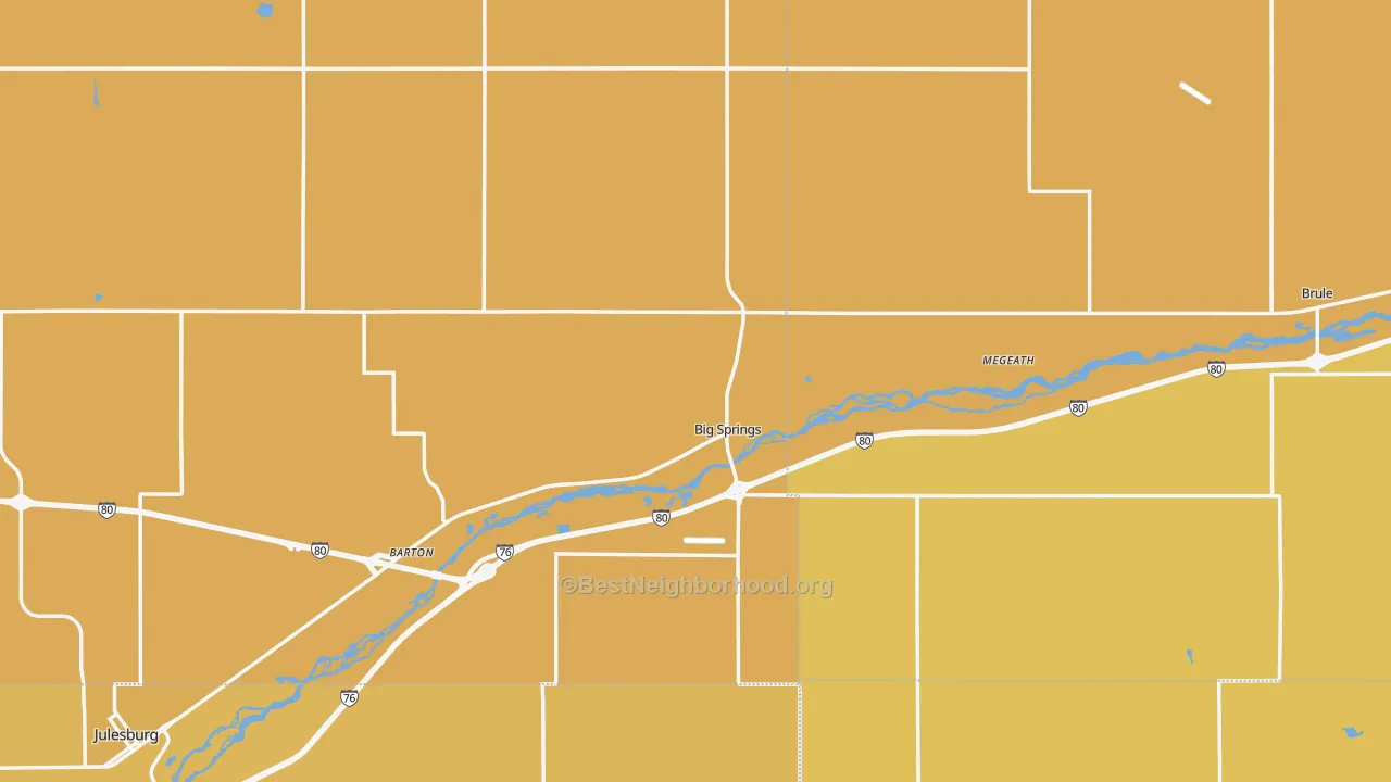 Map of the best neighborhoods in the Big Springs area, with better matches in green and worse matches in red