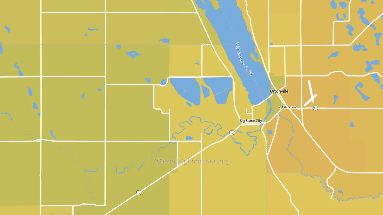 Map of the best neighborhoods in the Big Stone City area, with better matches in green and worse matches in red