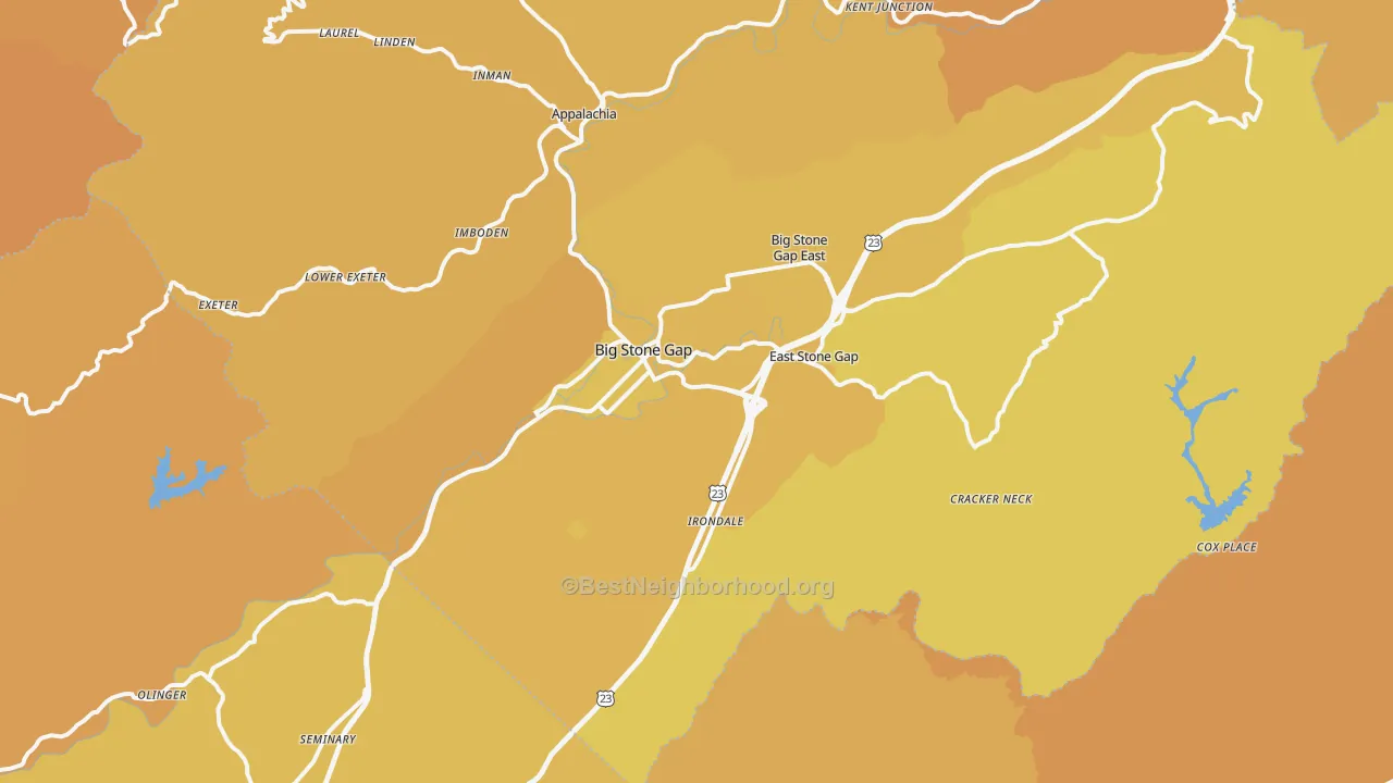 Map of the best neighborhoods in the Big Stone Gap area, with better matches in green and worse matches in red