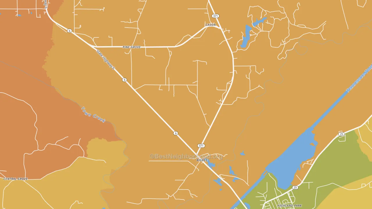 Map of the best neighborhoods in the Bigbee area, with better matches in green and worse matches in red