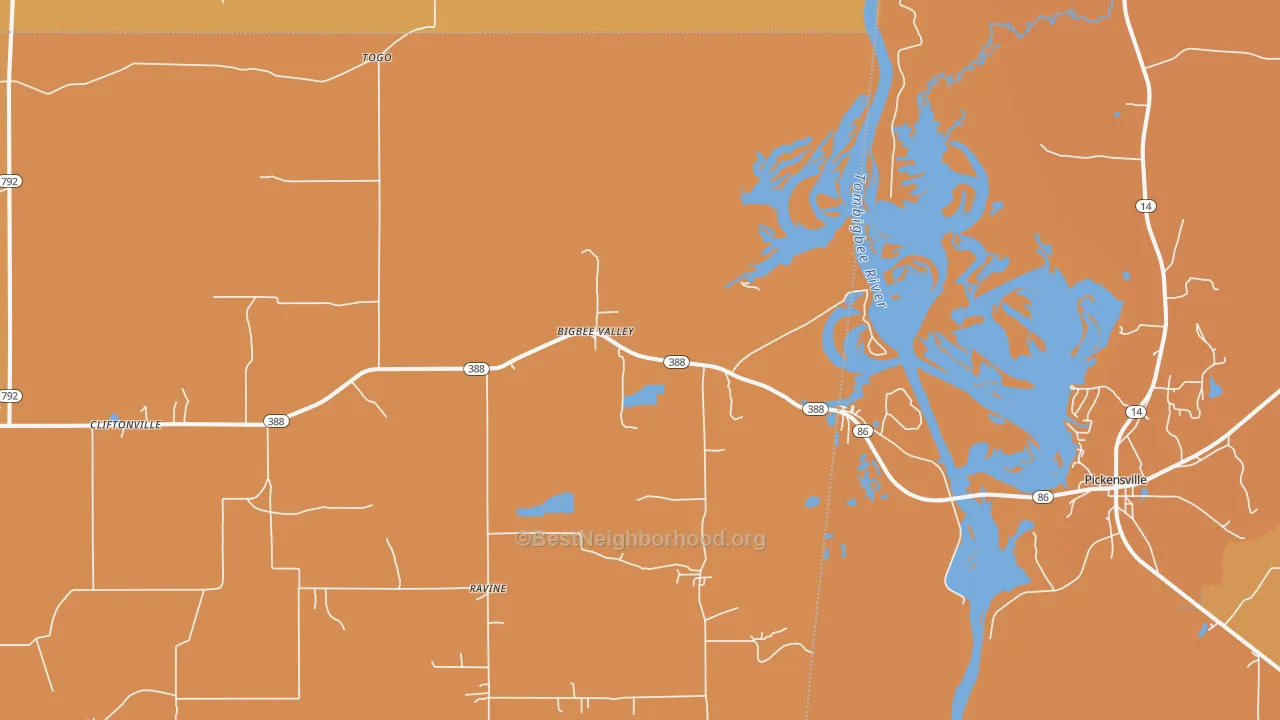 Map of the best neighborhoods in the Bigbee Valley area, with better matches in green and worse matches in red