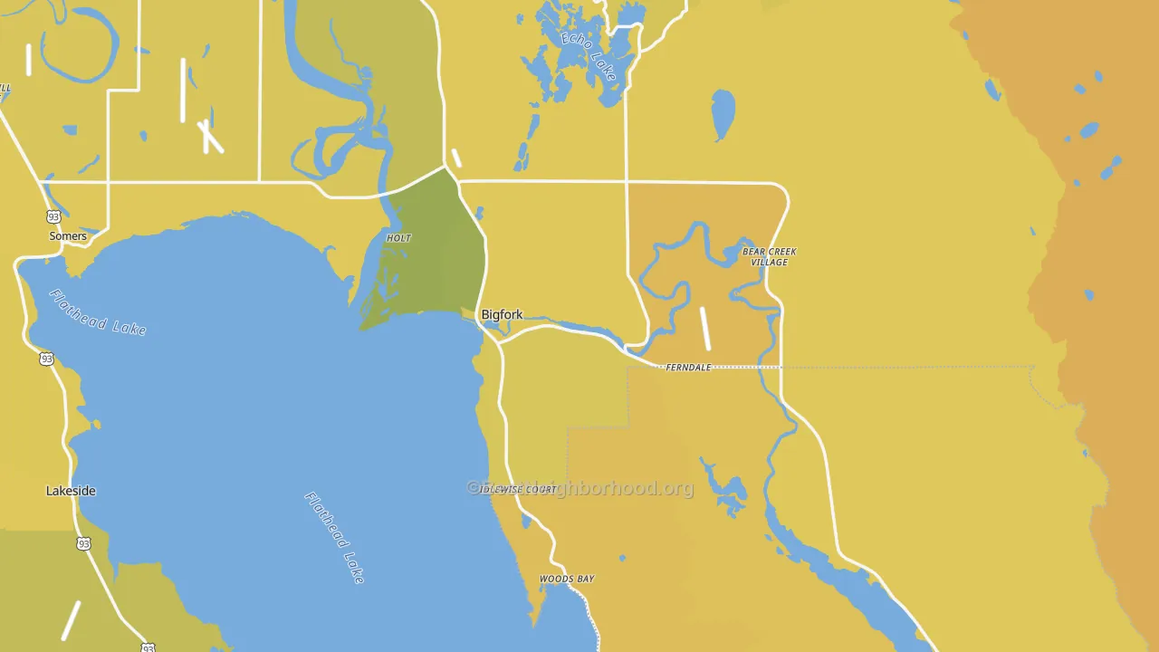 Map of the best neighborhoods in the Bigfork area, with better matches in green and worse matches in red