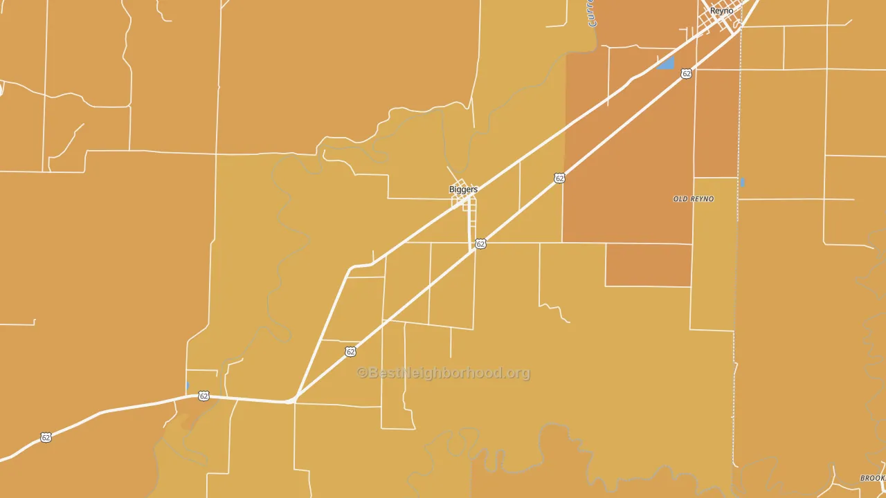 Map of the best neighborhoods in the Biggers area, with better matches in green and worse matches in red