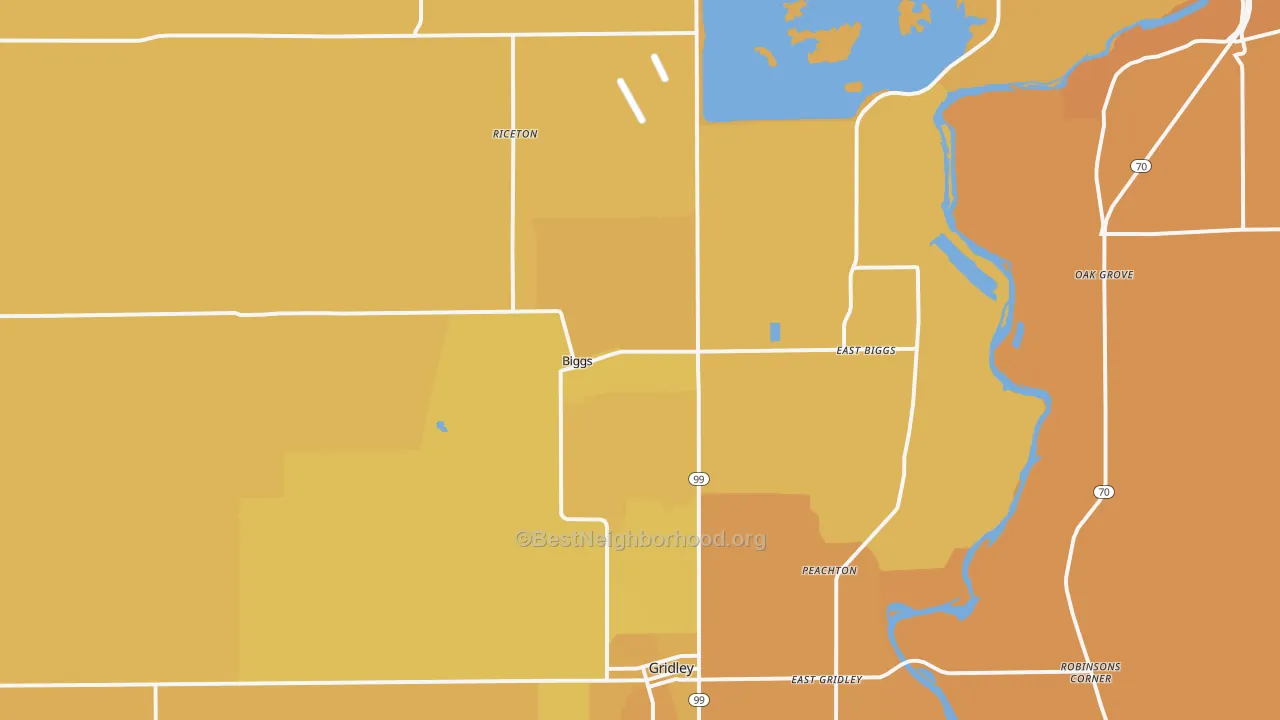 Map of the best neighborhoods in the Biggs area, with better matches in green and worse matches in red