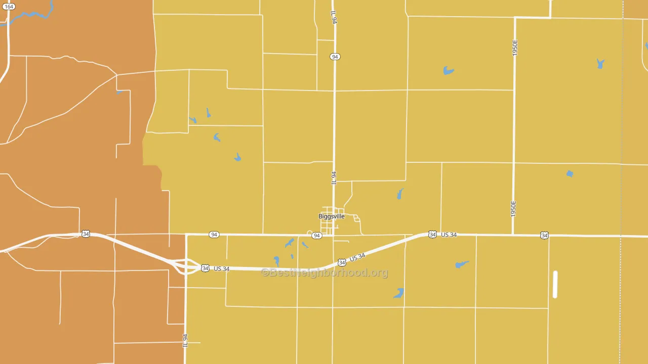 Map of the best neighborhoods in the Biggsville area, with better matches in green and worse matches in red