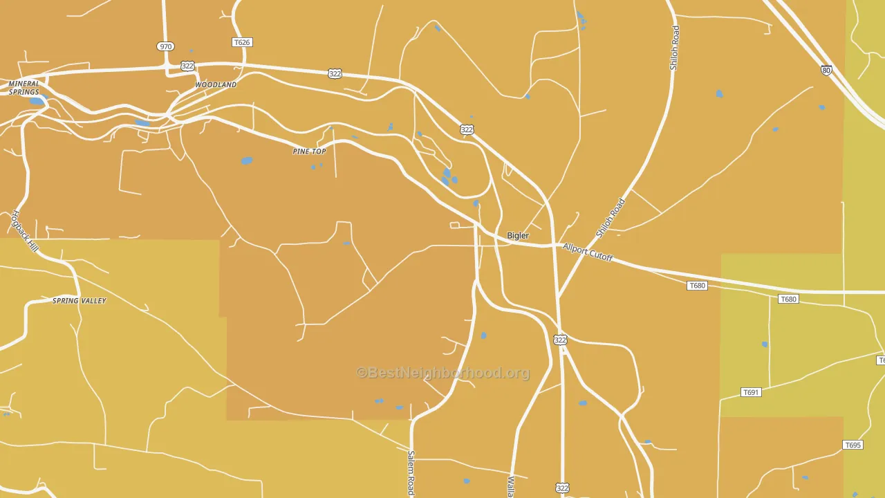 Map of the best neighborhoods in the Bigler area, with better matches in green and worse matches in red