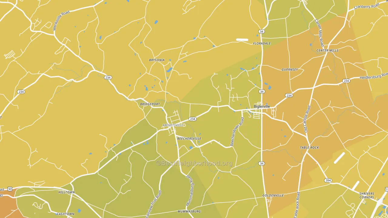 Map of the best neighborhoods in the Biglerville area, with better matches in green and worse matches in red