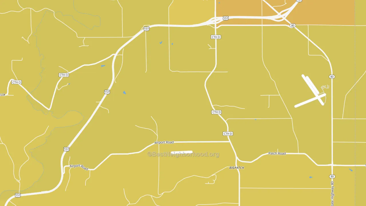 Map of the best neighborhoods in the Bigpatch area, with better matches in green and worse matches in red