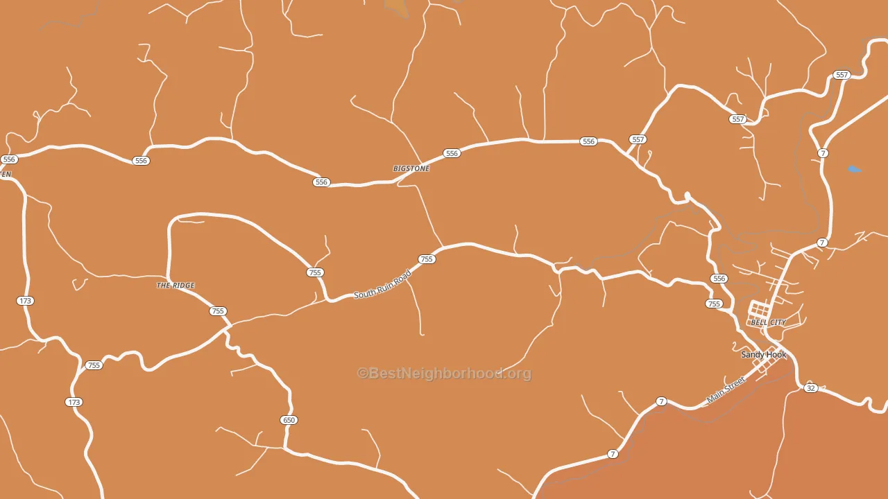 Map of the best neighborhoods in the Bigstone area, with better matches in green and worse matches in red