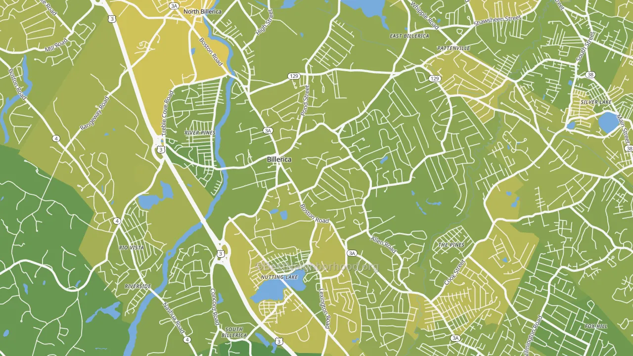 Map of the best neighborhoods in the Billerica area, with better matches in green and worse matches in red