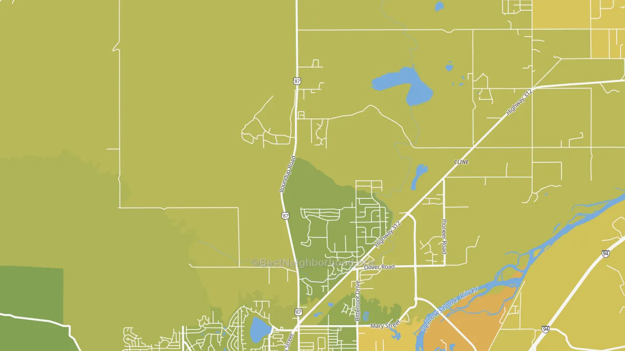 Map of the best neighborhoods in the Billings Heights area, with better matches in green and worse matches in red