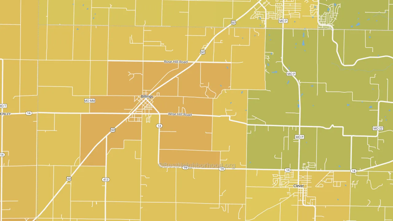 Map of the best neighborhoods in the Billings area, with better matches in green and worse matches in red