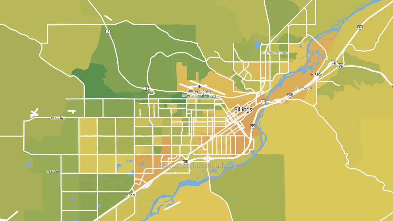 Map of the best neighborhoods in the Billings Metro area, with better matches in green and worse matches in red