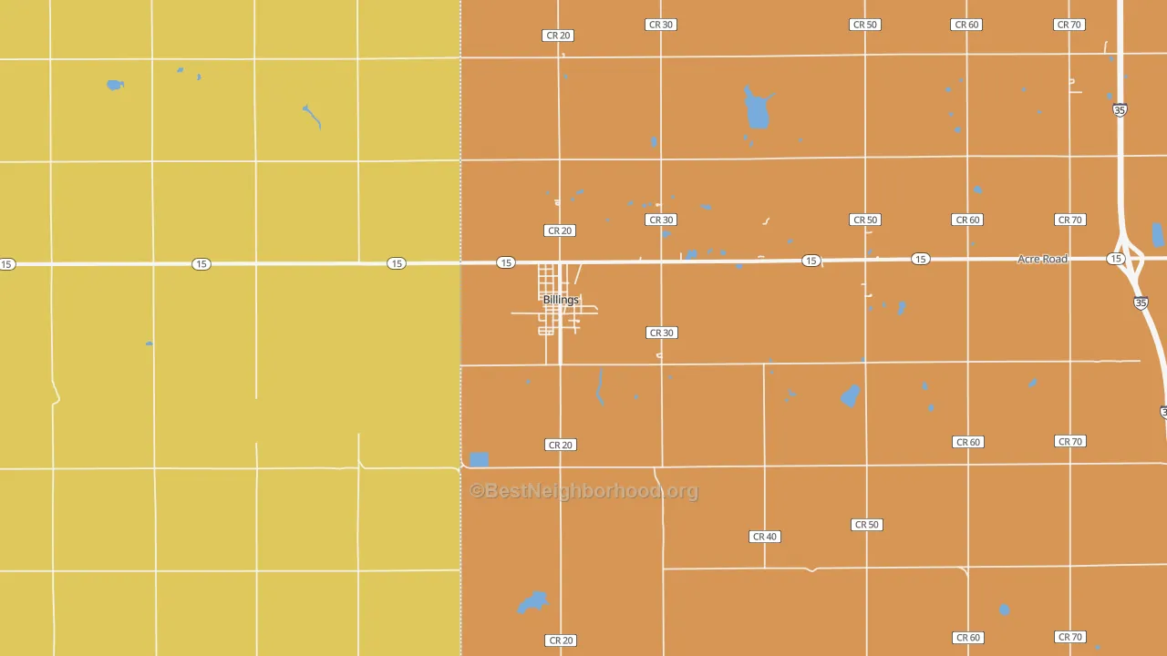 Map of the best neighborhoods in the Billings area, with better matches in green and worse matches in red