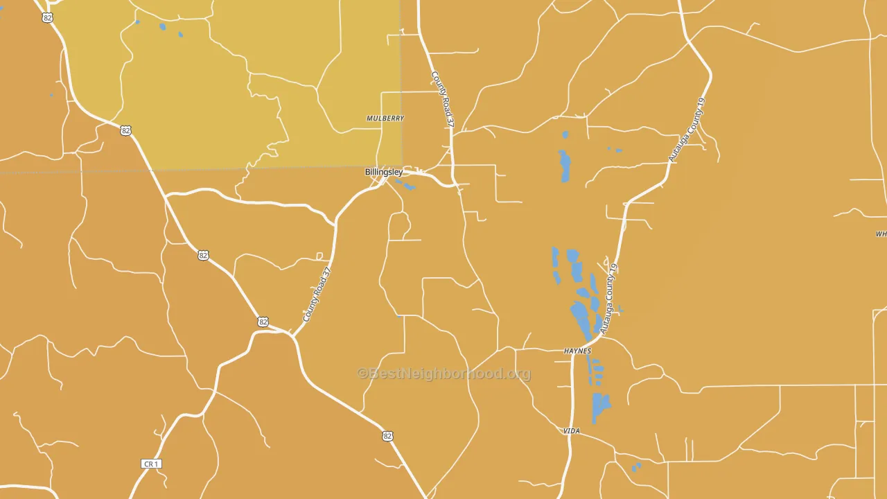 Map of the best neighborhoods in the Billingsley area, with better matches in green and worse matches in red