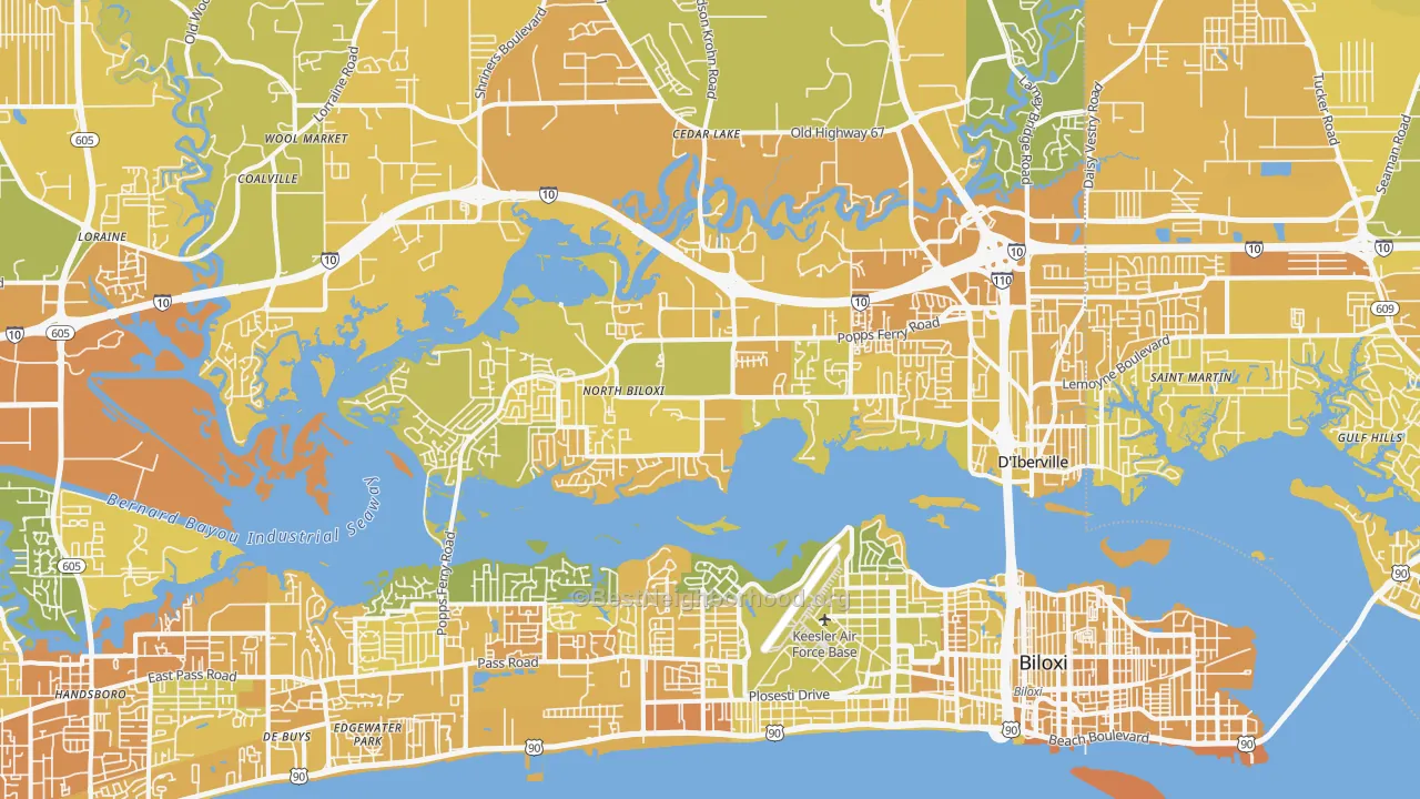 Map of the best neighborhoods in the Biloxi area, with better matches in green and worse matches in red