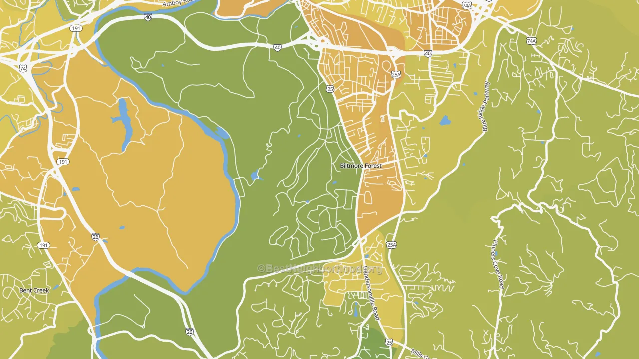Map of the best neighborhoods in the Biltmore Forest area, with better matches in green and worse matches in red