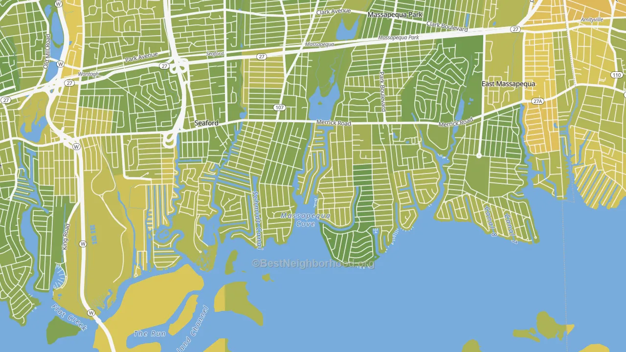 Map of the best neighborhoods in the Biltmore Shores, Massapequa area, with better matches in green and worse matches in red