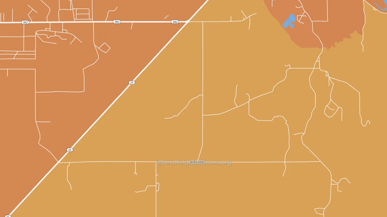 Map of the best neighborhoods in the Binford area, with better matches in green and worse matches in red