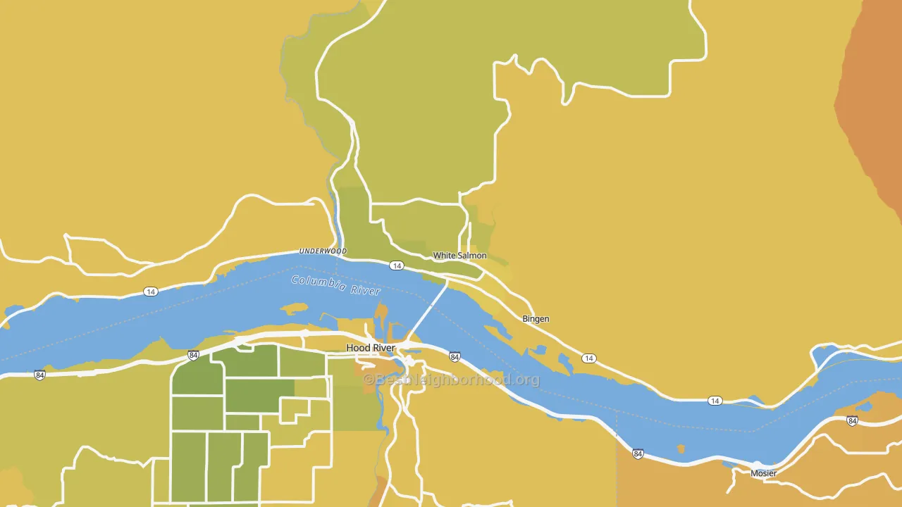 Map of the best neighborhoods in the Bingen area, with better matches in green and worse matches in red
