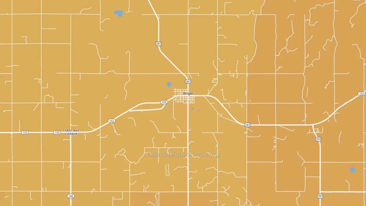 Map of the best neighborhoods in the Binger area, with better matches in green and worse matches in red