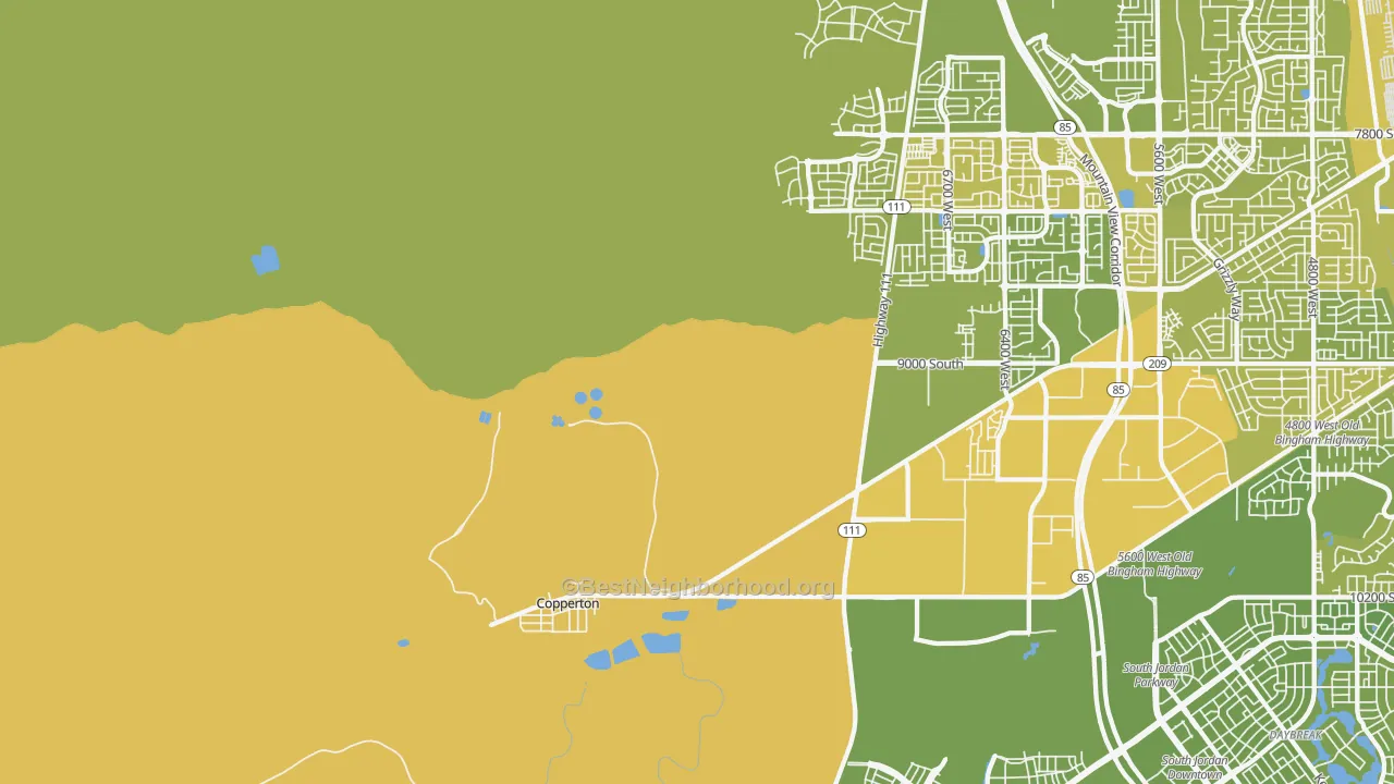 Map of the best neighborhoods in the Bingham Canyon area, with better matches in green and worse matches in red