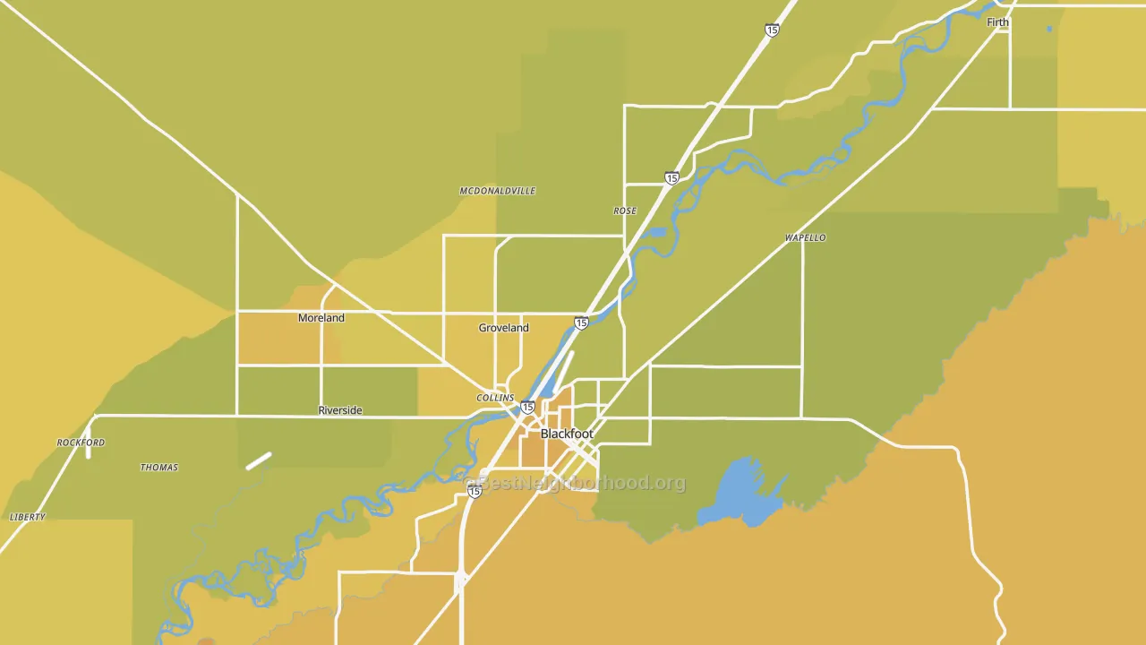 Map of the best neighborhoods in the Bingham County area, with better matches in green and worse matches in red