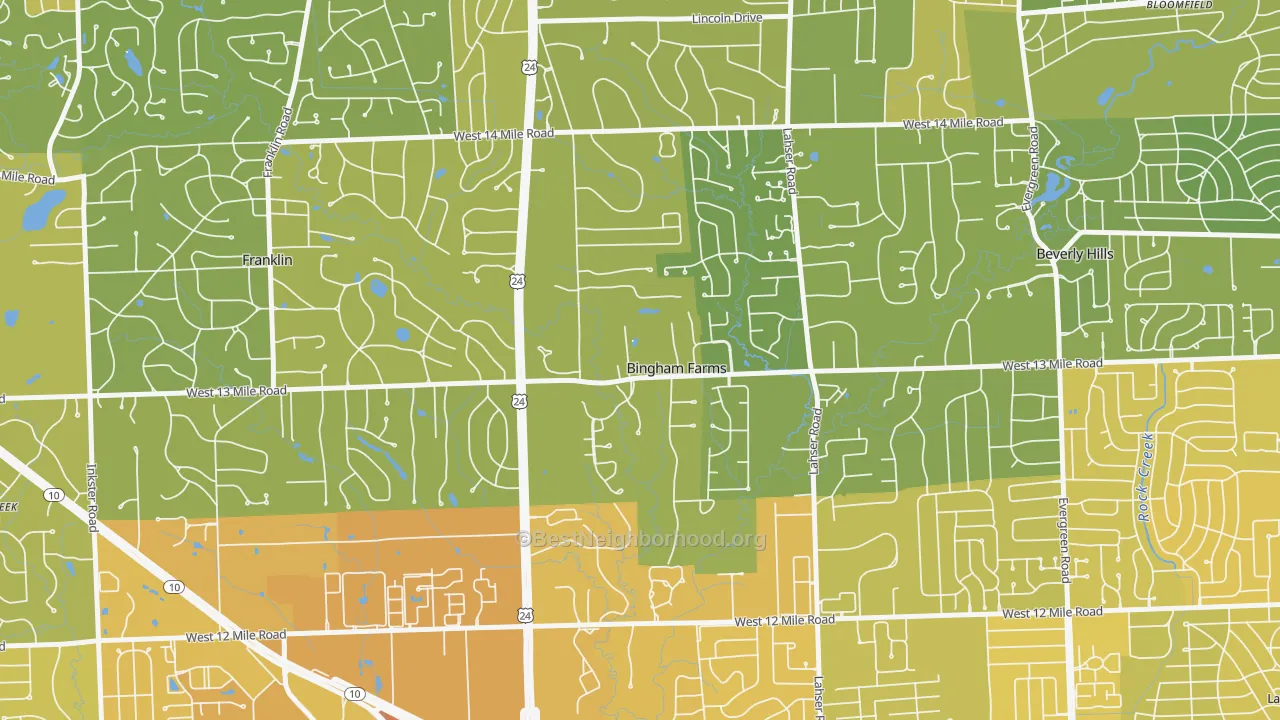 Map of the best neighborhoods in the Bingham Farms area, with better matches in green and worse matches in red