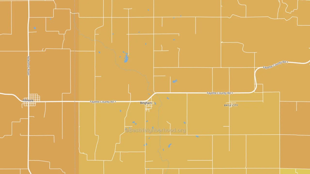 Map of the best neighborhoods in the Bingham area, with better matches in green and worse matches in red