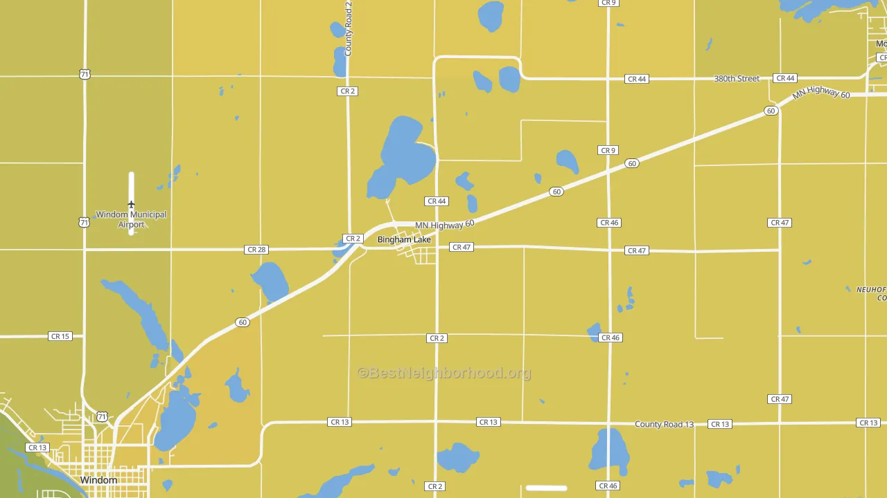 Map of the best neighborhoods in the Bingham Lake area, with better matches in green and worse matches in red